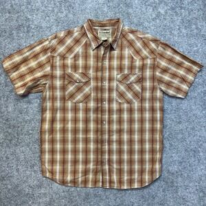 U.S. Expedition Western Shirt Mens Large Brown Plaid Pearl Snap Short Sleeve